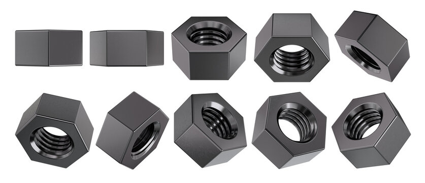 Set of Black Metal Hex Nuts in Multiple Angles. Isolated 3D Rendered Elements for Industrial Design.