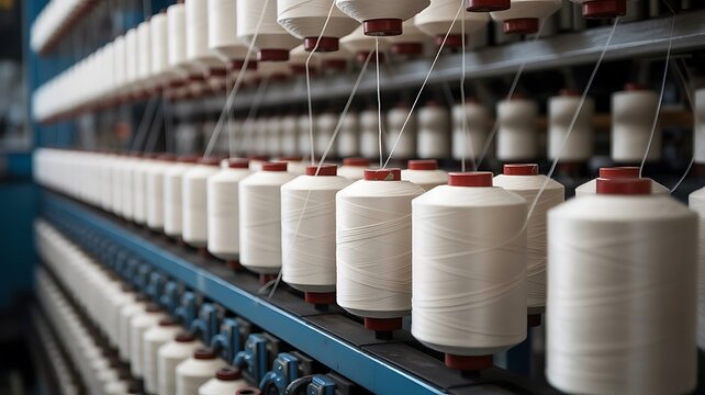 Industrial textile manufacturing machine with rows of white yarn spools spinning in a modern factory setting for fabric production process