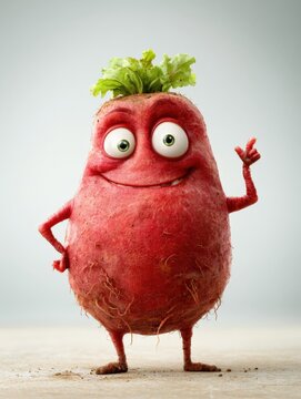 Smiling red beet cartoon character waving hello