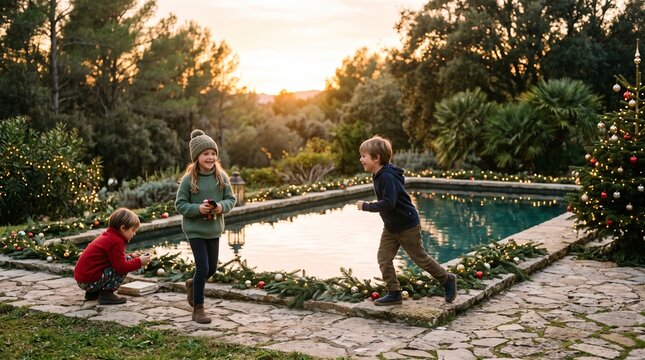 Children celebrating Christmas near a pool with festive decorations and a tree