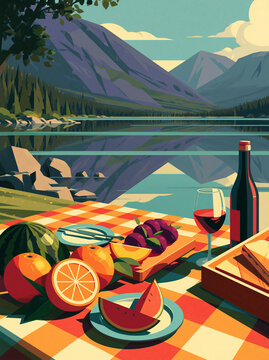 A vintage stylized illustration showcasing a picnic on a checkered blanket with watermelon, oranges, grapes, and wine against a calm lake and mountain backdrop.