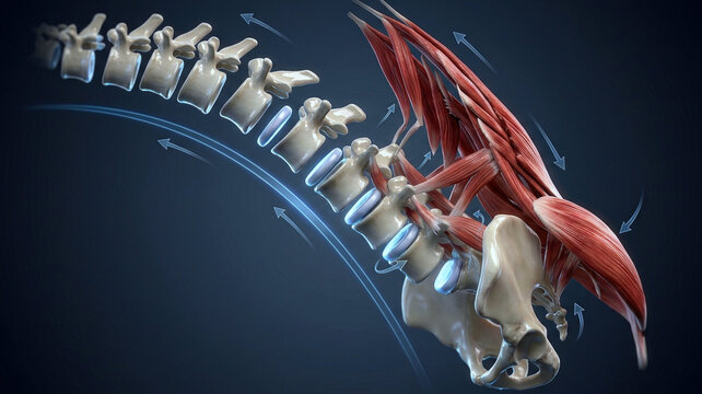Exploded lower back extension anatomy with floating vertebrae, discs, sacrum, and posterior chain muscles on a curved movement path.