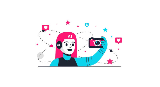 AI Humanoid Influencer Taking Photo with Camera, Social Media Content Creation Vector Illustration