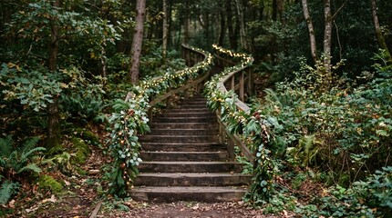 Obraz premium Wooden forest staircase adorned with festive garland and fairy lights