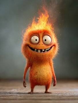 Happy furry orange monster creature on fire smiling