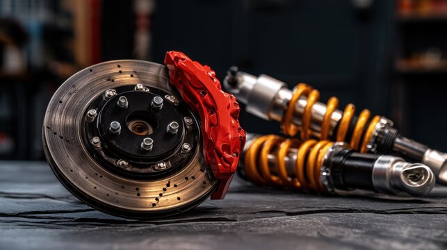 Automotive performance components displaying a cross-drilled brake rotor with red caliper alongside yellow coilover shocks on a textured slate tabletop.