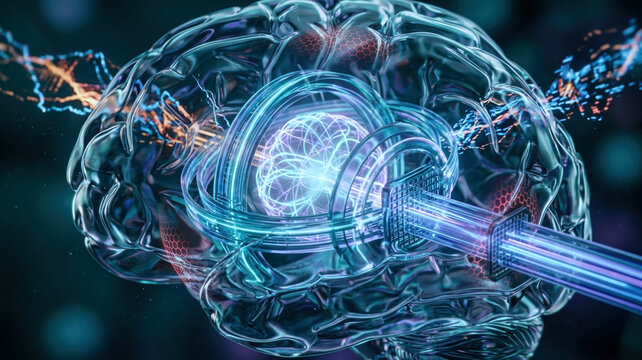 AI psychotherapy safety concept with a translucent neural chatbot core, guardrails, warning barriers, and emotional signal waves inside a glass brain.