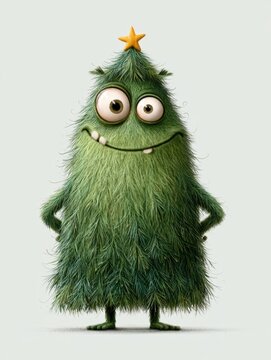 Adorable Christmas tree monster with big eyes and smile