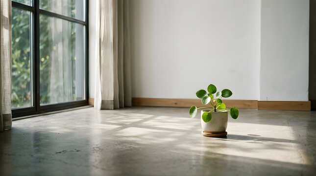 A small green houseplant in a ceramic pot sitting on a concrete floor in a sunlit room.