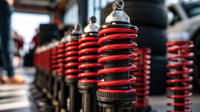 Close-up view of red coilover suspension shocks arranged in a line inside an auto performance and tuning shop.