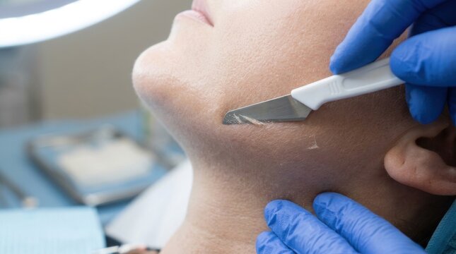 Close up of woman undergoing professional dermaplaning facial treatment