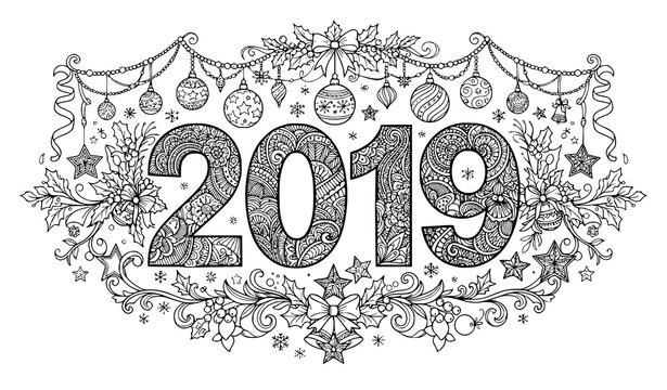 New Year 2019 Zentangle Coloring Card with Christmas Balls Stars and Garlands