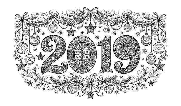 New Year 2019 Zentangle Coloring Card with Christmas Balls Stars and Garlands