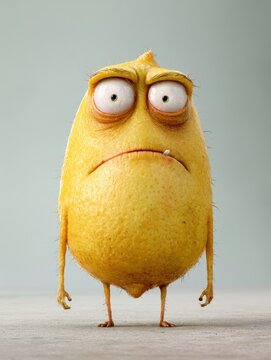 Grumpy yellow lemon-like creature with a melancholic expression