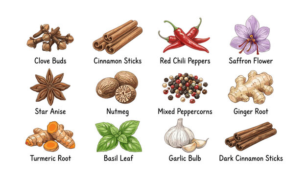 Collection of colorful drawn spices and herbs vector illustration featuring aromatic cooking seasoning ingredients