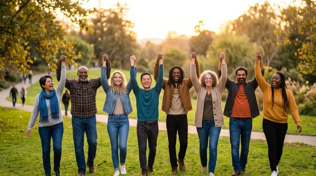 Diverse group of people holding hands and walking in park