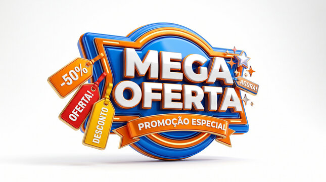MEGA OFERTA Special Promotion: A vibrant 3D graphic badge with the text MEGA OFERTA and PROMO&Ccedil;&Atilde;O ESPECIAL signifying a grand sale event, adorned with discount tags like -50% and Oferta!.