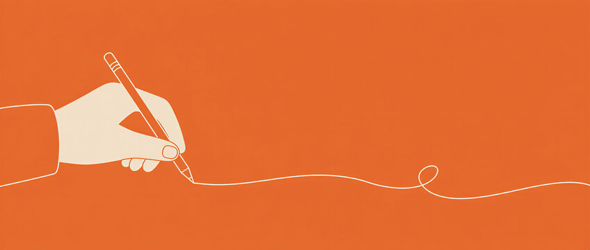 Flat editorial illustration of a hand holding a pencil and drawing a continuous white line. Creative process and writing concept on an orange background. Copy space for text