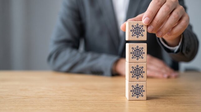 Corporate business strategy concept, businessman stacking wooden blocks with network icons, digital transformation and connection growth