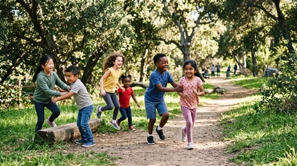 Fototapeta premium Diverse group of happy children running and playing together on a sunny forest trail