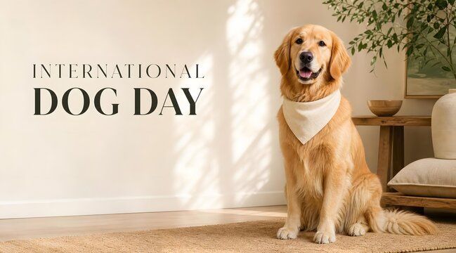 International Dog Day greeting with golden retriever at home