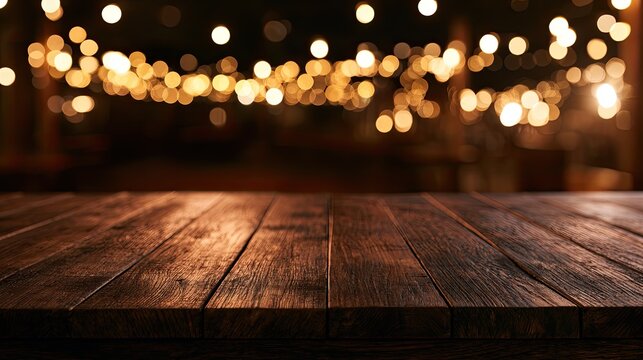 Warm, rustic wooden table foreground with blurred festive string lights background