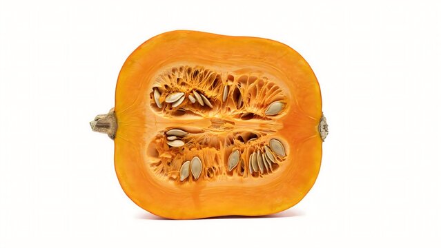 Fresh orange pumpkin cut in half with seeds inside isolated on white background