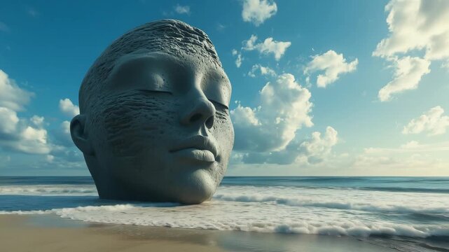 A massive stone sculpture of a human face sits on the beach as waves crash against it and clouds float in the sky