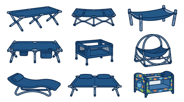 Portable camping cot and outdoor hammock equipment icons.