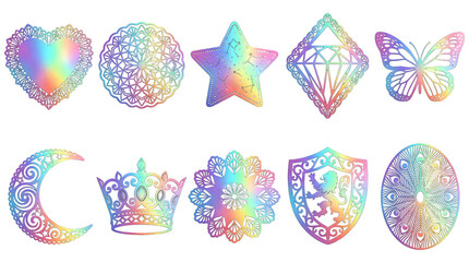 Fototapeta premium PNG colorful holographic mandala designs with heart, star, diamond, butterfly, moon, crown, and shield isolated on transparent background