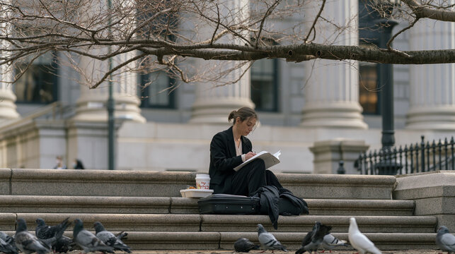 Court reporter sitting alone beneath a brooding overcast sky on courthouse exterior steps, Easter brunch takeaway container beside her steno machine case, bare tree branches