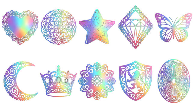 PNG colorful holographic mandala designs with heart, star, diamond, butterfly, moon, crown, and shield isolated on transparent background