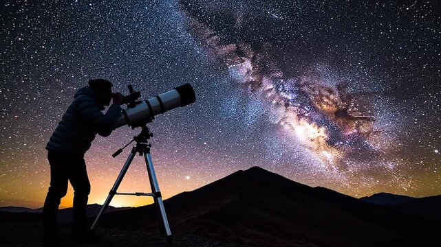 Person Stargazing with Telescope Under Milky Way Galaxy at Night