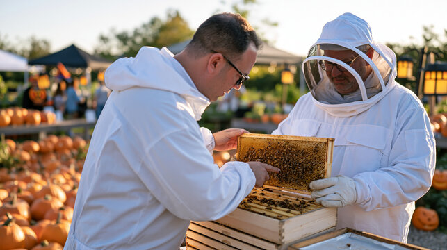 Beekeepers in protective suits inspecting hive frames at a vibrant autumn pumpkin patch market, a diverse team of apiarists explaining honey harvest yields to Halloween-costumed