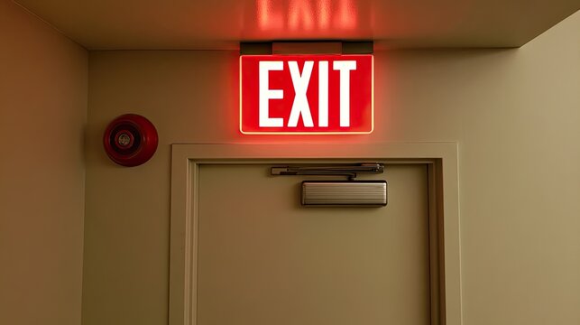 Illuminated red EXIT sign glows above a fire alarm and closed door