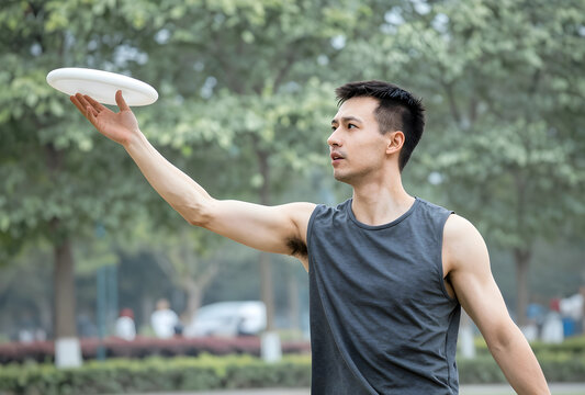 Outdoor recreation and active lifestyle, young asian man playing frisbee in a park, fitness and healthy living