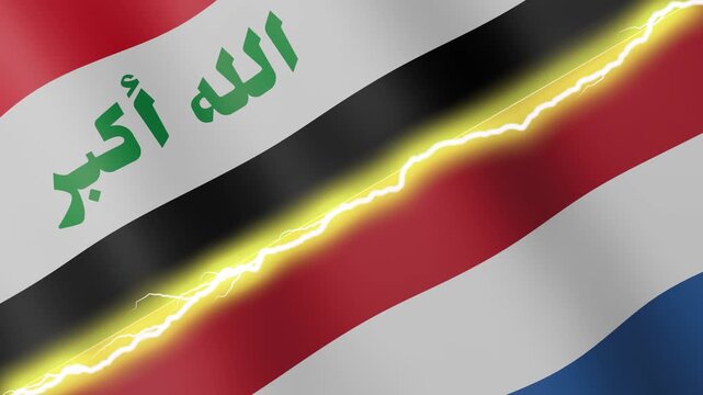 Two waving flags Iraq and Netherlands with diagonal lightning seamless, 4k loop