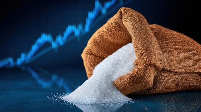 Open burlap sack spilling refined white sugar onto a reflective surface with a blue stock market chart glowing in the background.