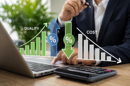 Business Cost Optimization and Quality Improvement Strategy, Businessman Analyzing Financial Efficiency, Operational Performance, Expense Reduction and Profit Growth