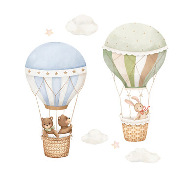 Cute animals fly in clouds on beautiful hot air balloons in wicker basket. Watercolor set of cartoon characters and design elements for your wallpapers, mural in kids room, adventure bears and bunny.