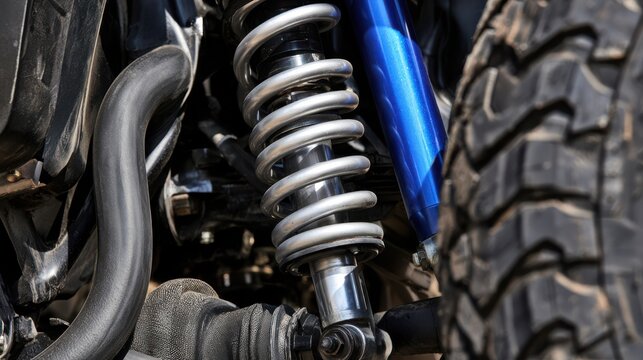 Close-up undercarriage view of a vehicle showing a silver coilover suspension assembly alongside a bright blue shock cylinder and rugged off-road tire.
