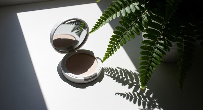 Open face powder compact case with a mirror lying on a white surface next to a green fern plant in natural sunlight shadow