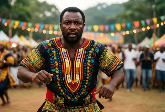 African culture and traditional dance, man in dashiki shirt performing at an outdoor festival with colorful decorations