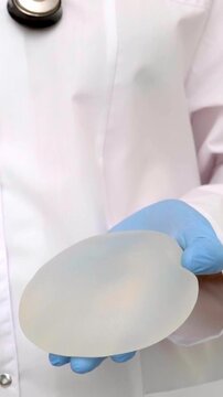 A healthcare worker in blue gloves shows a round breast implant in a medical clinic, plastic surgery and aesthetic medicine promotion, professional patient consultation and care.