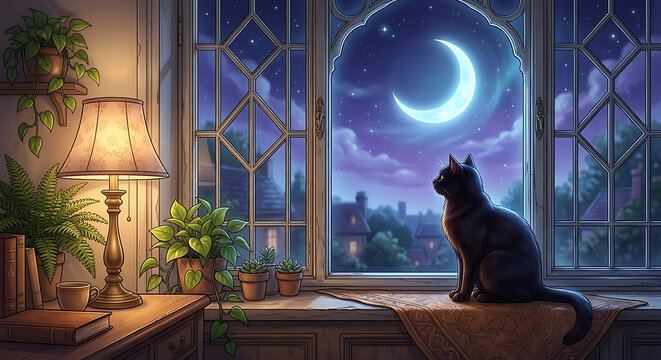 Black cat sitting on a windowsill at night looking at a glowing crescent moon through a decorative window surrounded by houseplants and a warm lamp