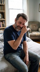 Obraz premium A middle-aged man cries and wipes tears while sitting on a bed. This depicts vulnerability and emotional relief. Useful for mental health awareness campaigns.