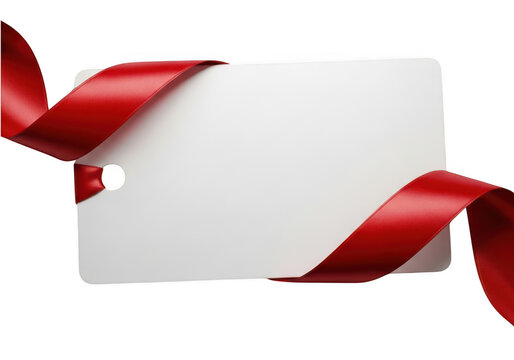 Red ribbon wrapped blank gift card isolated on transparent background