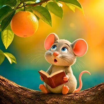 A cartoon mouse with a book is looking in surprise at an orange on a tree branch