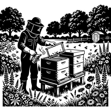 Beekeeper inspecting beehives in a flowering meadow, black and white vector illustration.