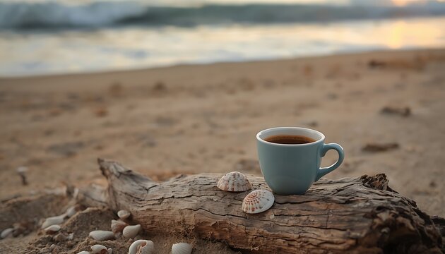 Fresh coffee cup on driftwood log at sandy beach shoreline during beautiful golden sunset view.